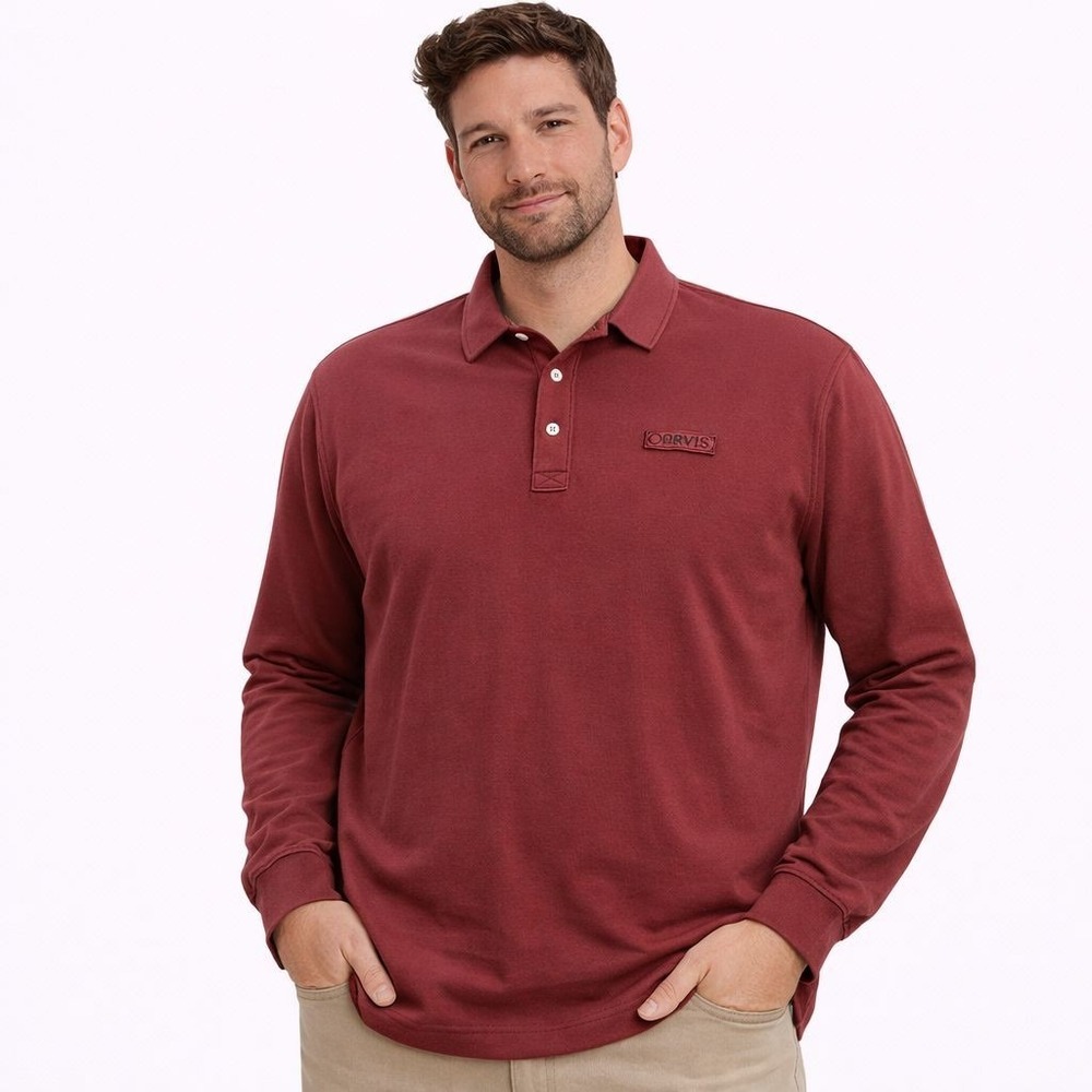 Orvis Long Sleeve Polo Shirt Mens XL Tall Burgundy Cotton Casual